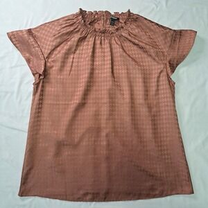 Express L Rust Houndstooth Blouse Short Flutter Slv Academia Professional Chic